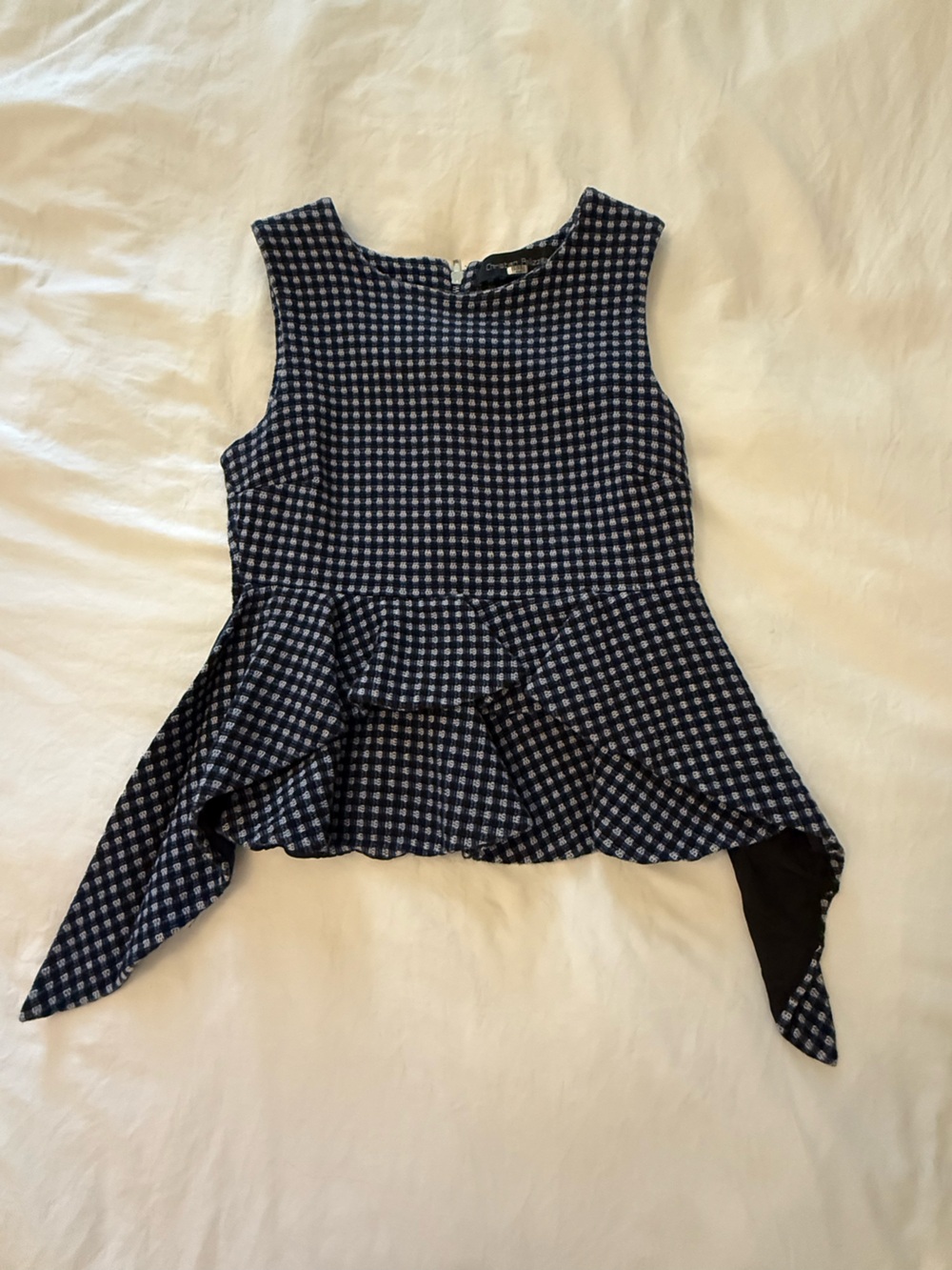 Sleeveless Navy and White Gingham Peplum Top
